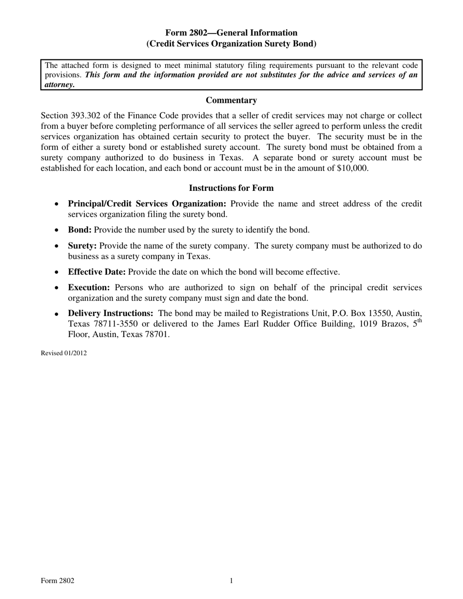 Form 2802 Credit Services Organization Surety Bond - Texas, Page 1
