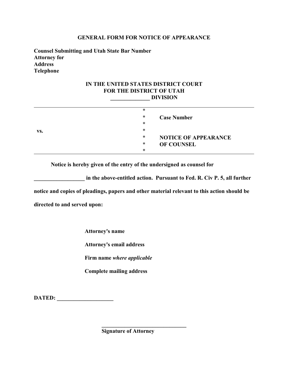 Utah Notice of Appearance of Counsel Fill Out, Sign Online and