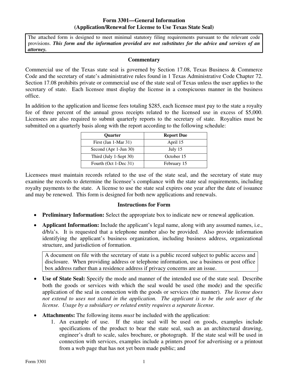 Form 3301 Application / Renewal for License to Use Texas State Seal - Texas, Page 1