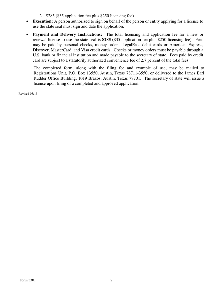 Form 3301 Application / Renewal for License to Use Texas State Seal - Texas, Page 2