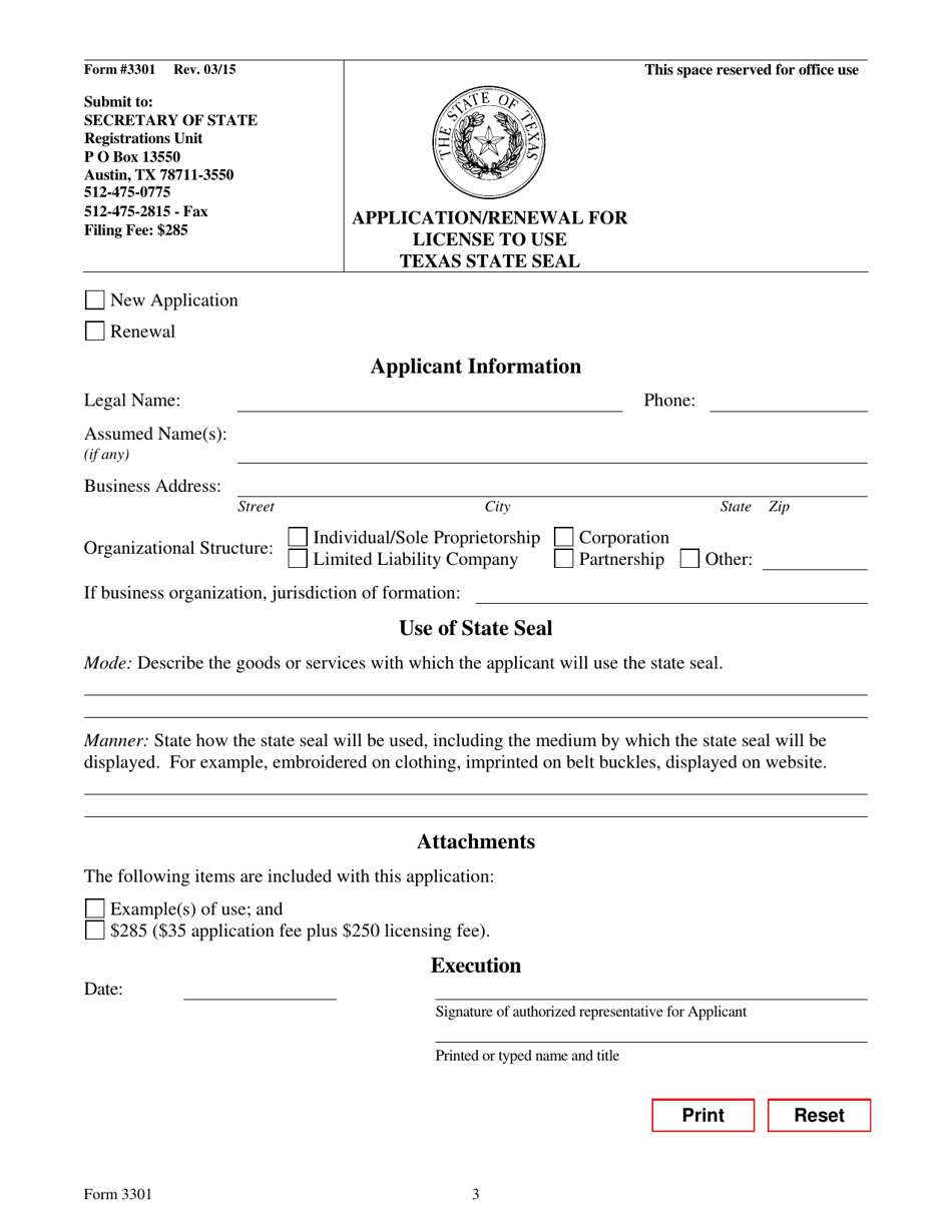 Form 3301 Application / Renewal for License to Use Texas State Seal - Texas, Page 3