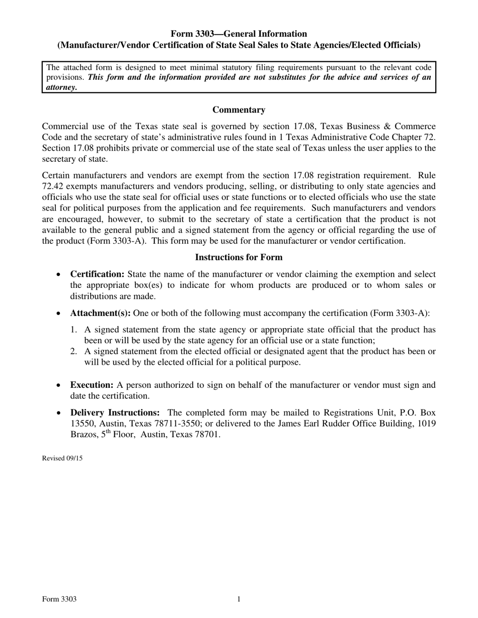 Form 3303 Manufacturer / Vendor Certification of State Seal Sales to State Agencies / Elected Officials - Texas, Page 1