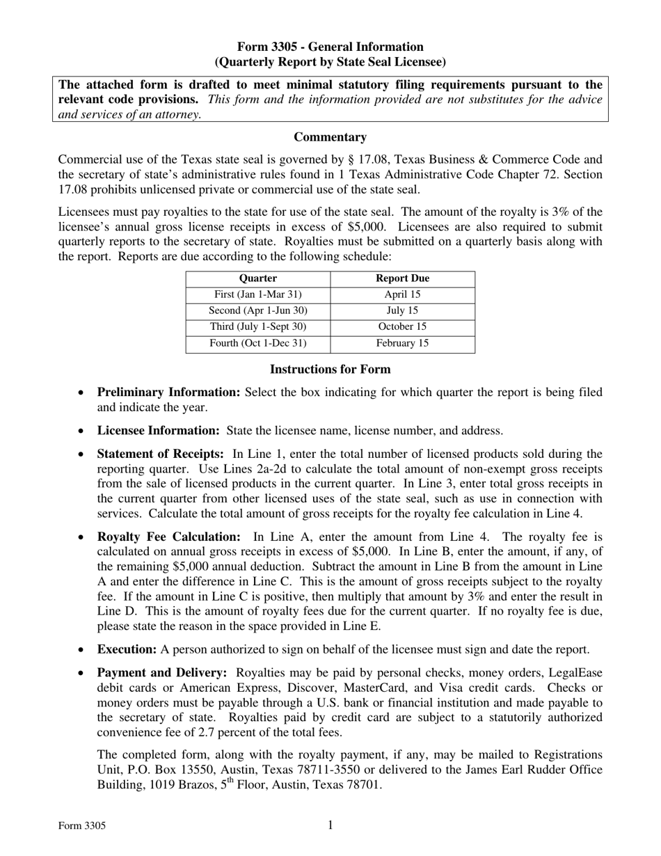 Form 3305 Quarterly Report by State Seal Licensee - Texas, Page 1