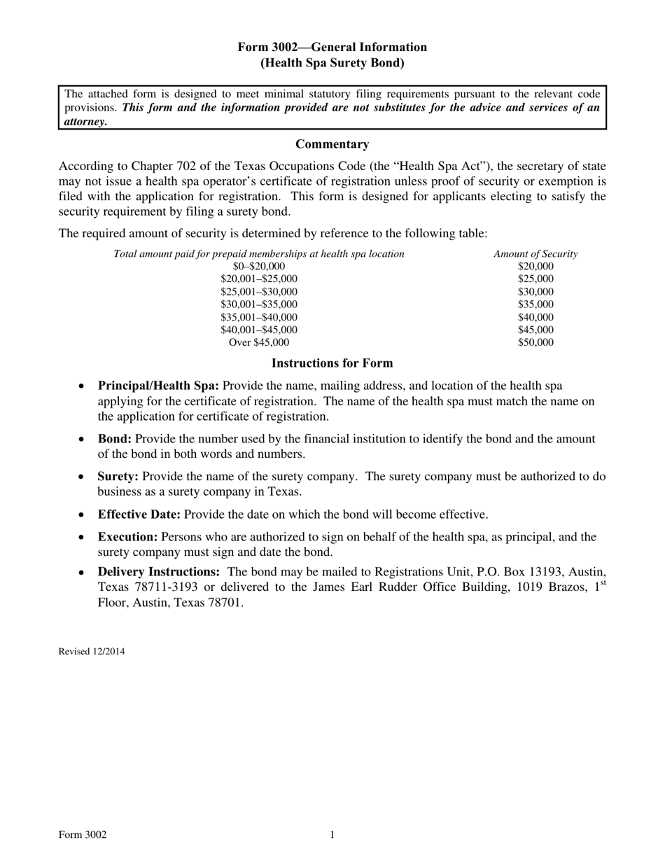Form 3002 Health SPA Surety Bond - Texas, Page 1