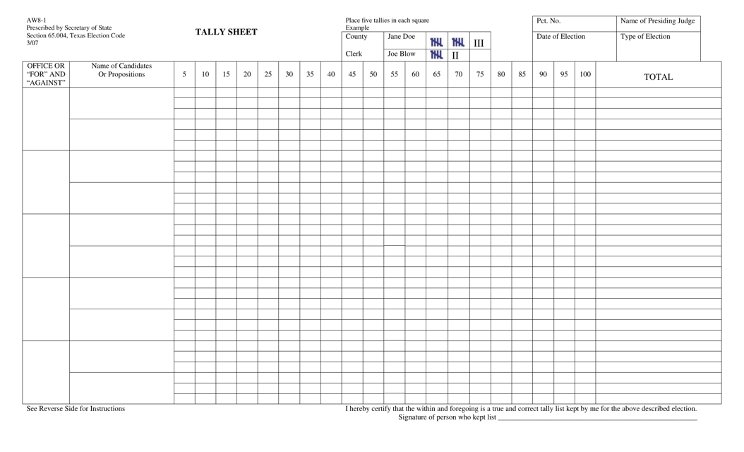 Form AW8-1  Printable Pdf