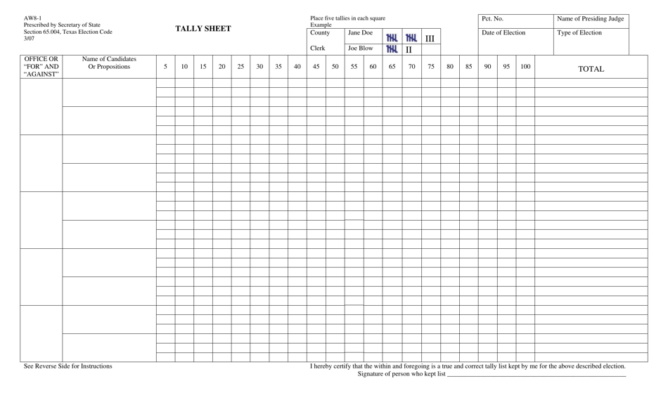 Form AW8-1 Tally Sheet - Texas, Page 1