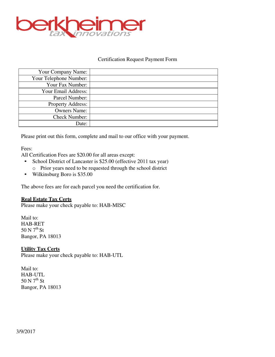 Certification Request Payment Form - Pennsylvania, Page 1