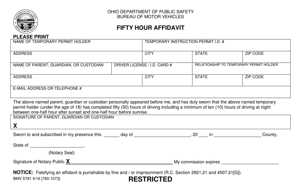 Form BMV5791 Fifty Hour Affidavit - Ohio