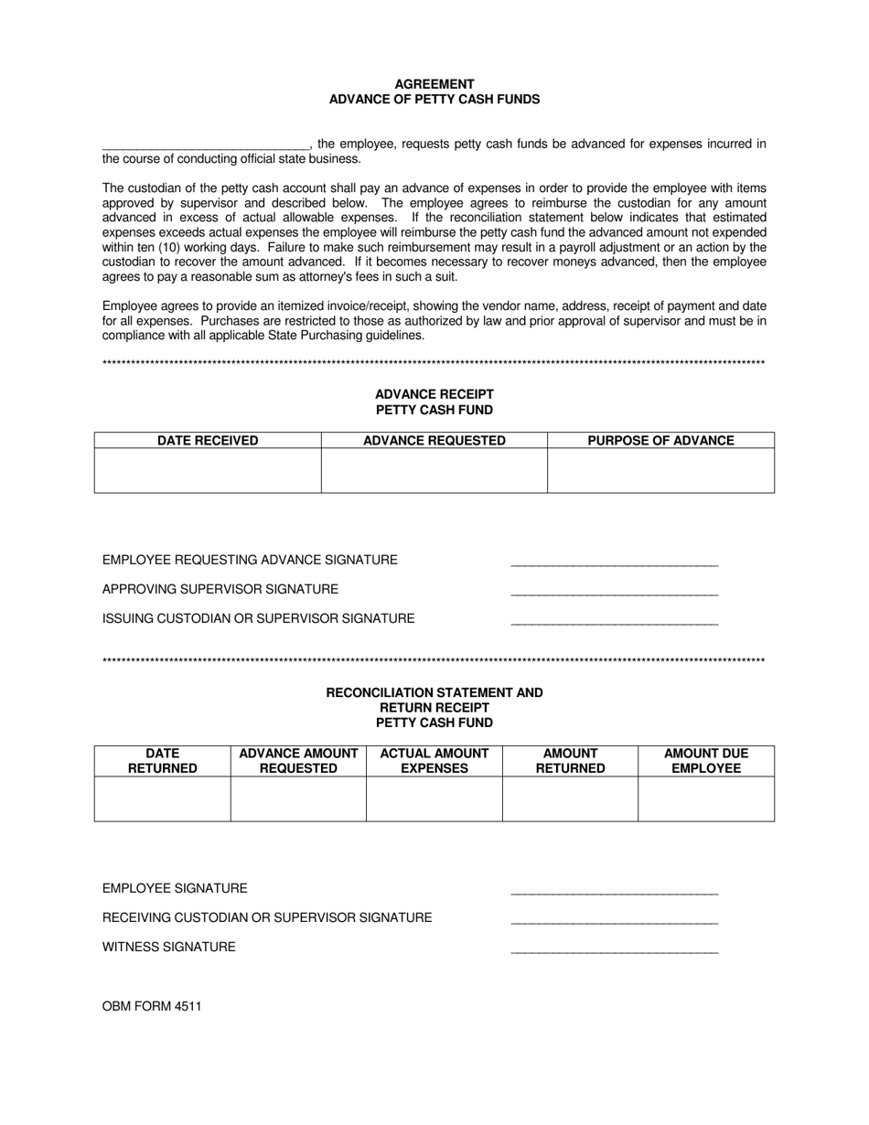 OBM Form 4511 Advance of Petty Cash Funds - Ohio, Page 1