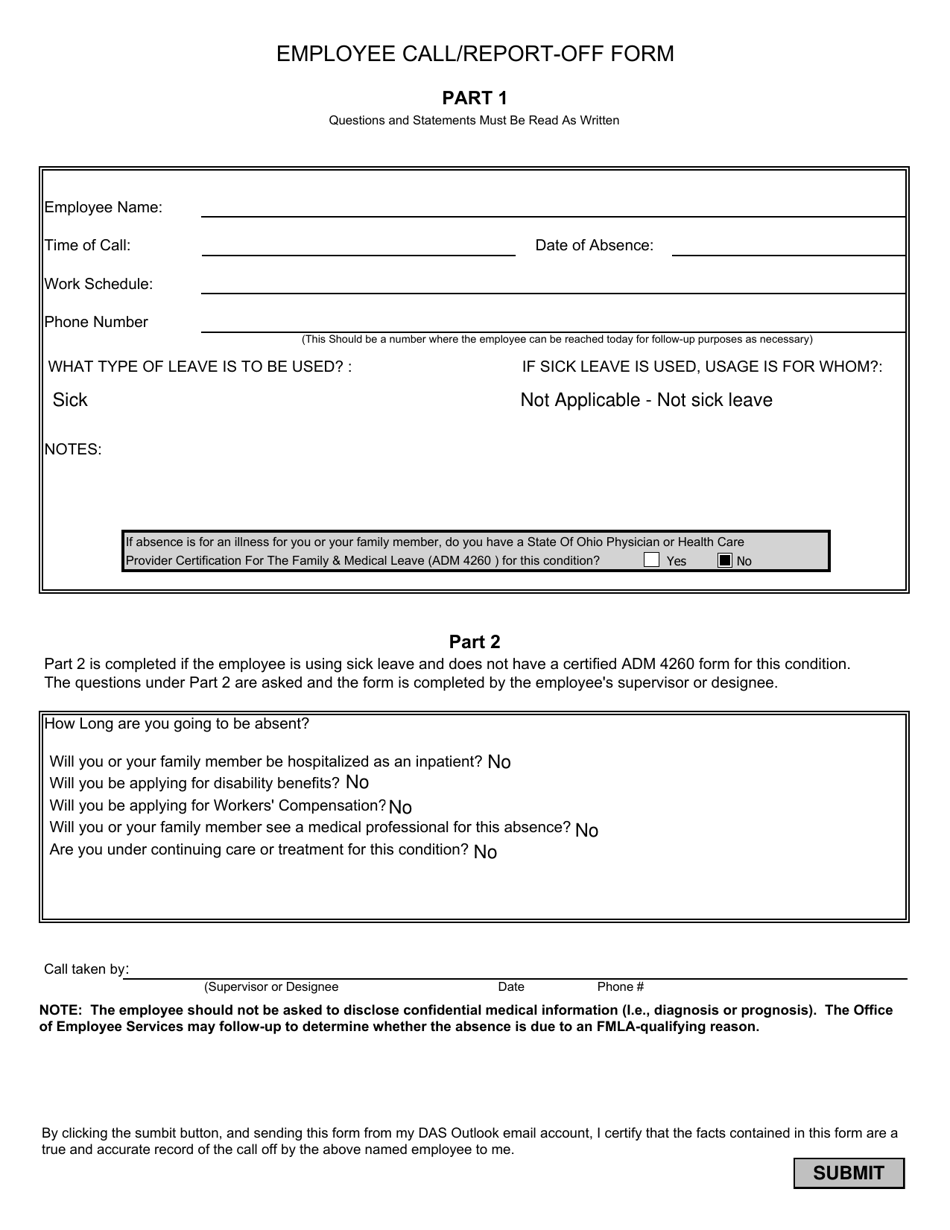 Employee Call / Report-Off Form - Ohio, Page 1