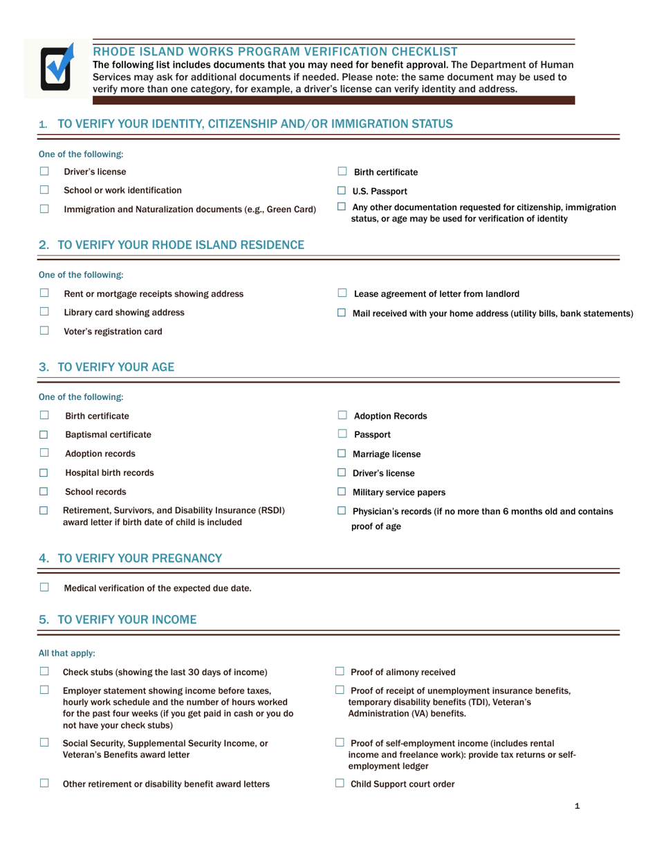 Rhode Island Works Program Verification Checklist - Rhode Island, Page 1