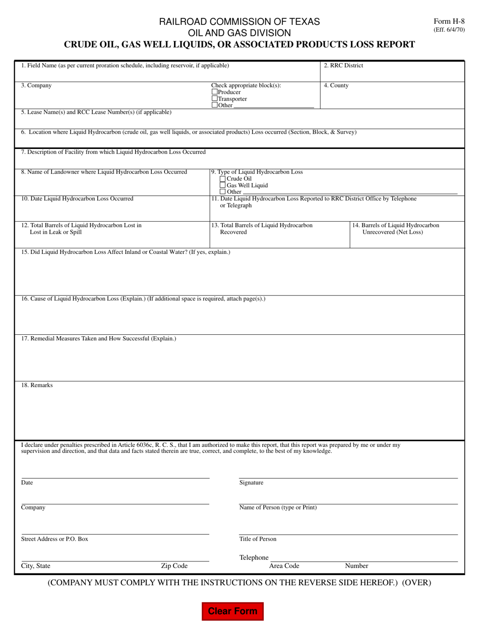 Form H-8 Crude Oil, Gas Well Liquids, or Associated Products Loss Report - Texas, Page 1