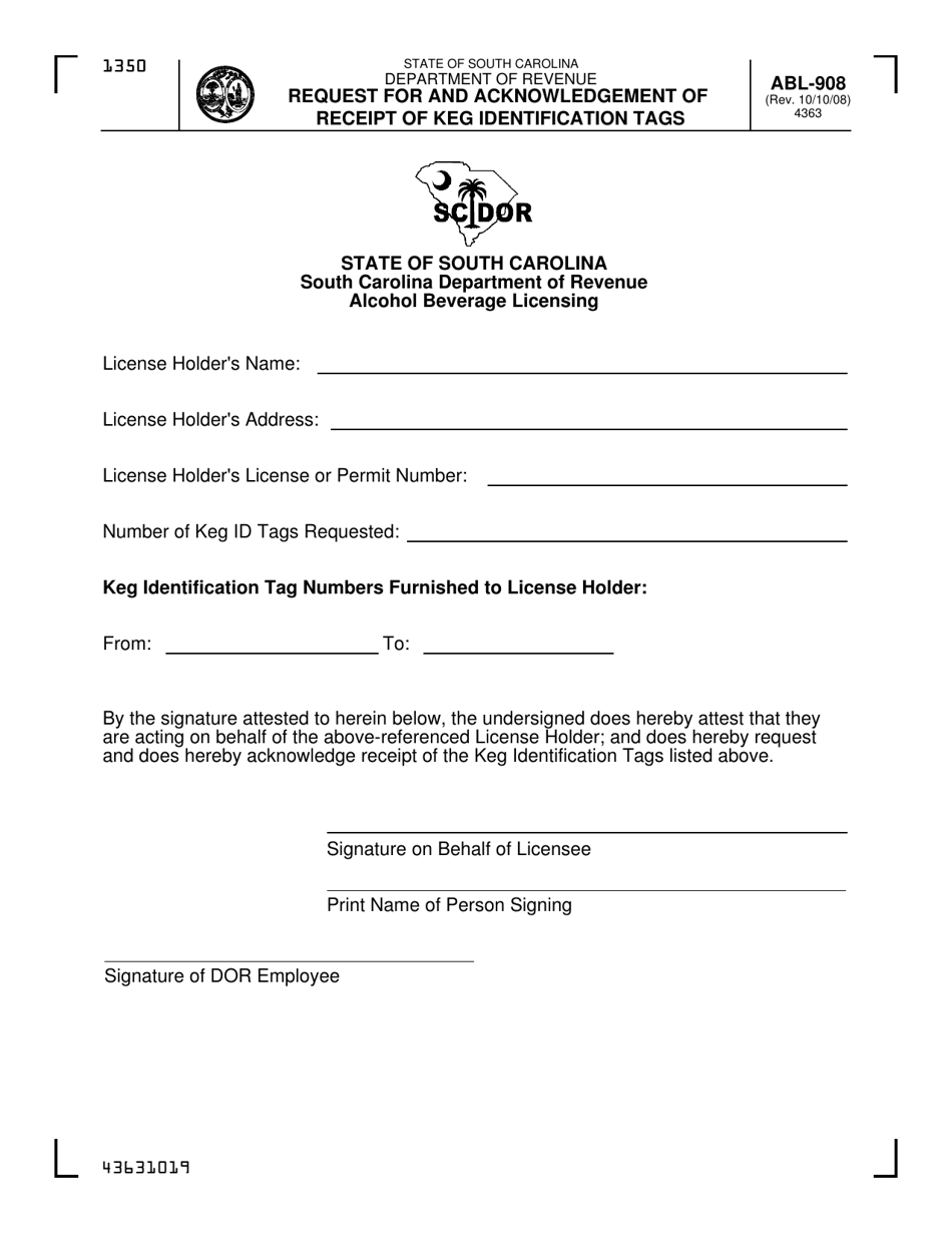 Form ABL-908 Request for and Acknowledgement of Receipt of Keg Identification Tags - South Carolina, Page 1