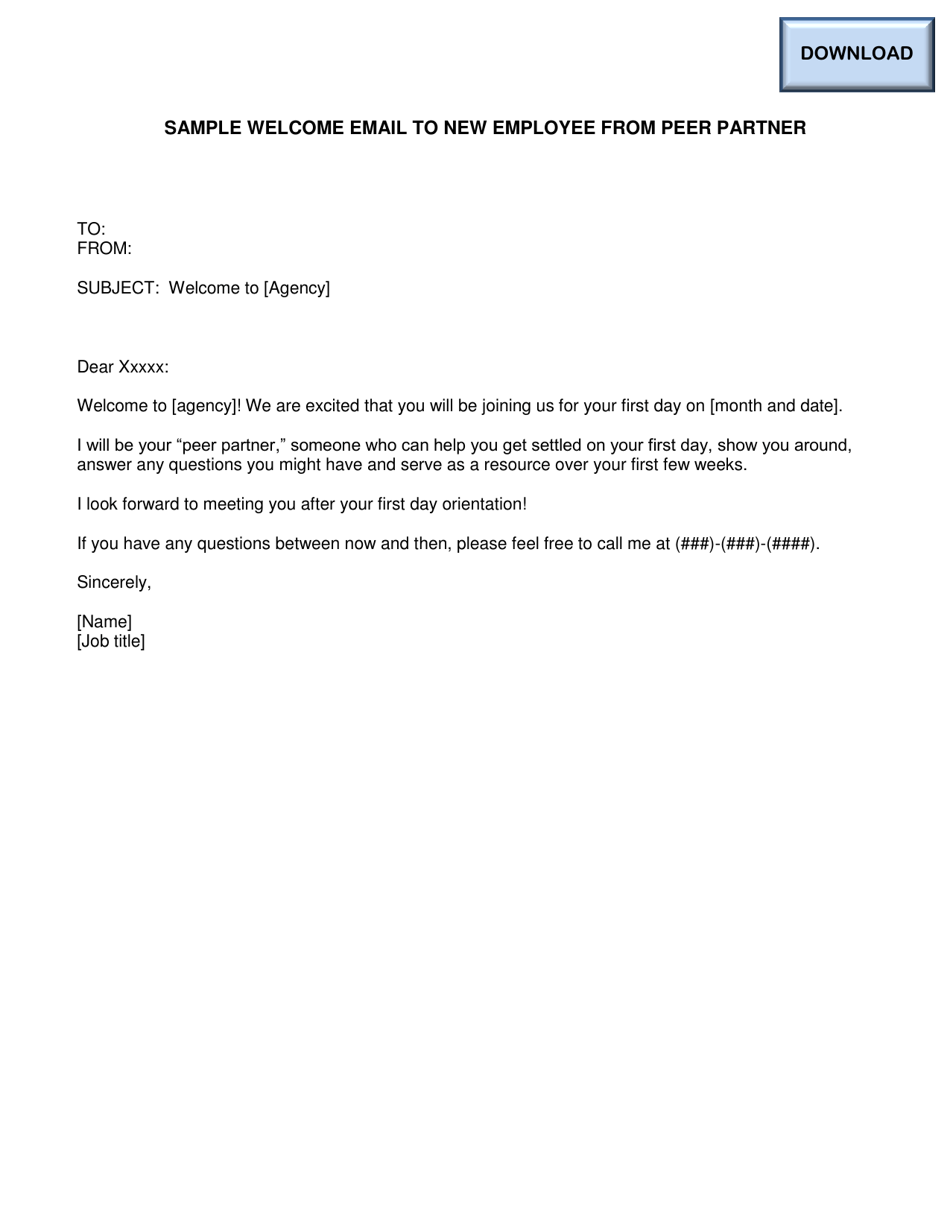 Sample Welcome Email to New Employee From Peer Partner - Ohio, Page 1