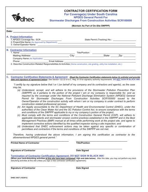 DHEC Form 0437 Contractor Certification Form for Coverage(S) Under South Carolina Npdes General Permit for Stormwater Discharges From Construction Activities Scr100000 - South Carolina