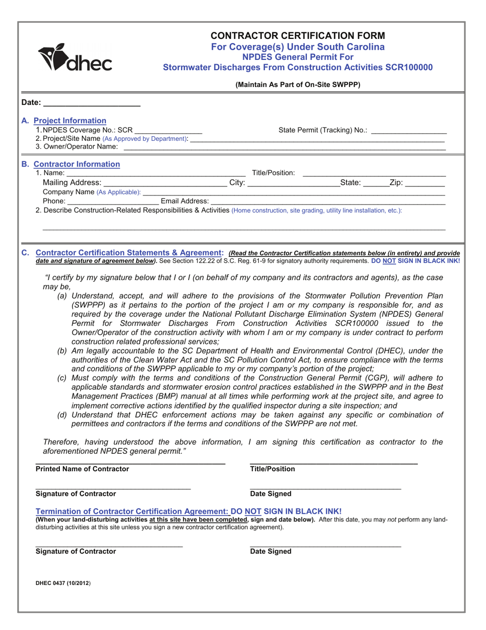 DHEC Form 0437 Contractor Certification Form for Coverage(S) Under South Carolina Npdes General Permit for Stormwater Discharges From Construction Activities Scr100000 - South Carolina, Page 1