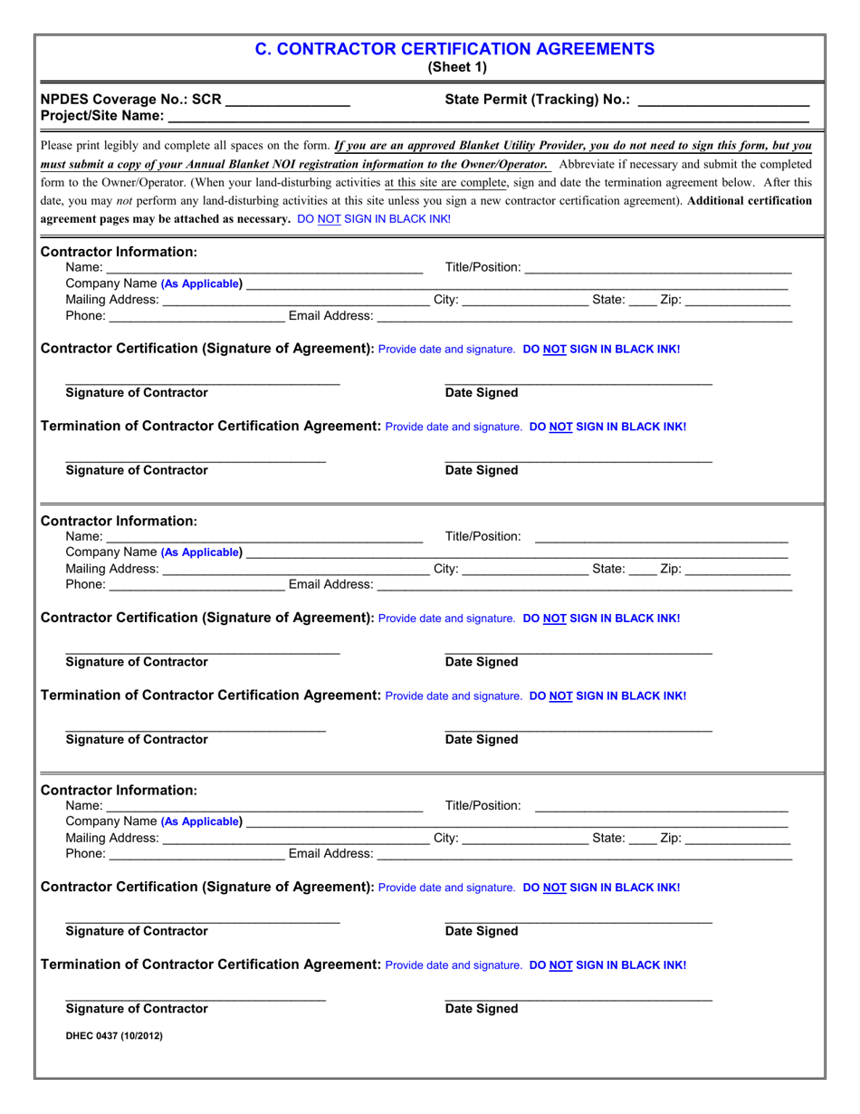 DHEC Form 0437 Contractor Certification Form for Coverage(S) Under South Carolina Npdes General Permit for Stormwater Discharges From Construction Activities Scr100000 - South Carolina, Page 3