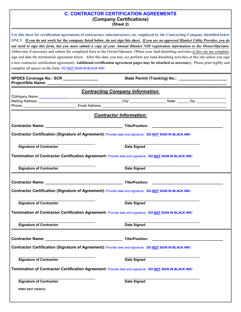 DHEC Form 0437 Contractor Certification Form for Coverage(S) Under South Carolina Npdes General Permit for Stormwater Discharges From Construction Activities Scr100000 - South Carolina, Page 4