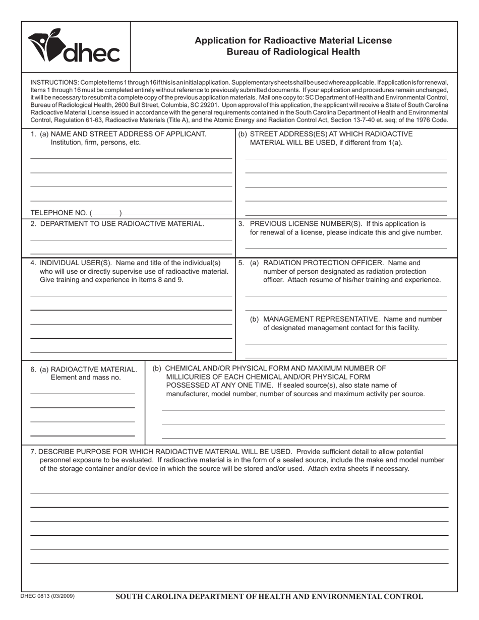 DHEC Form 0813 Application for Radioactive Material License Bureau of Radiological Health - South Carolina, Page 1