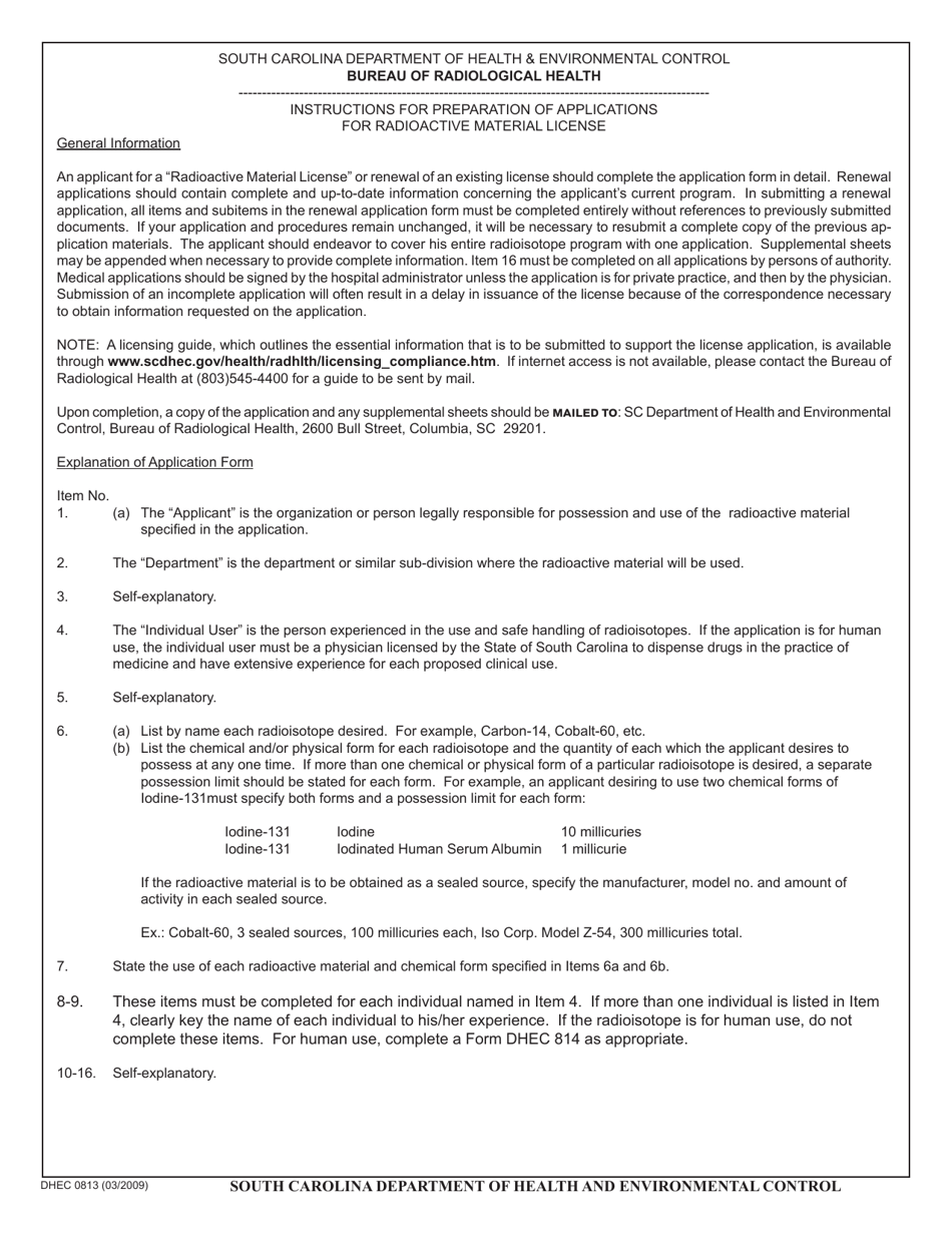 DHEC Form 0813 Application for Radioactive Material License Bureau of Radiological Health - South Carolina, Page 3