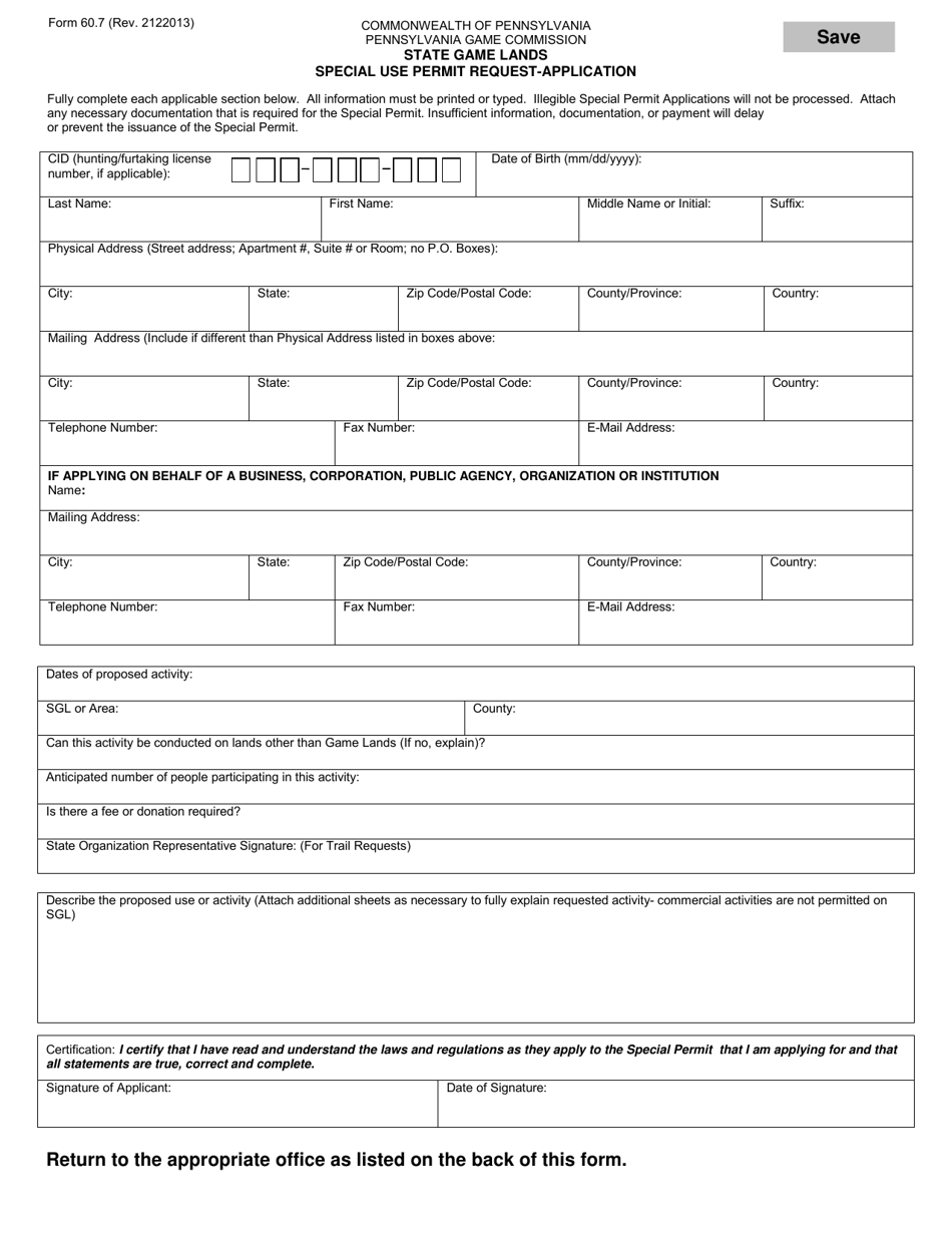 Form 60.7 State Game Lands Special Use Permit Request - Application - Pennsylvania, Page 1