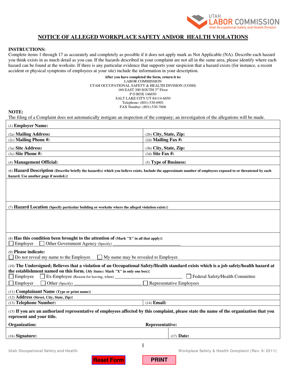 Notice of Alleged Workplace Safety and / or Health Violations - Utah, Page 1