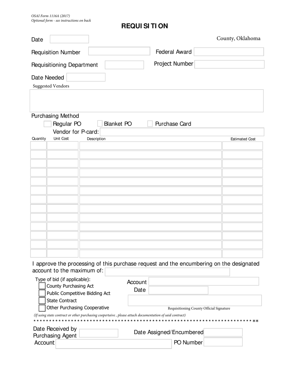 OSAI Form 1116A Requisition - Oklahoma, Page 1