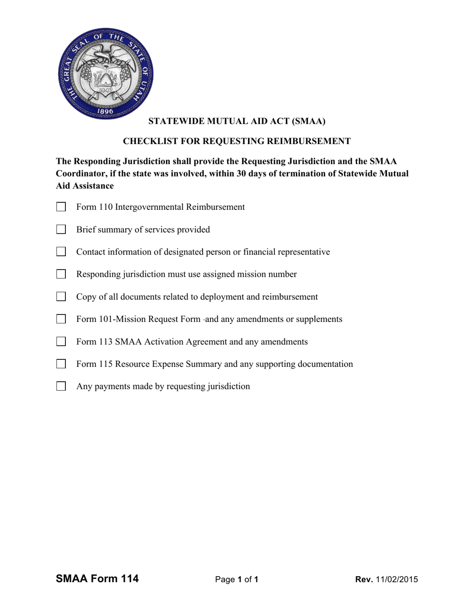 SMAA Form 114 Checklist for Requesting Reimbursement - Utah, Page 1