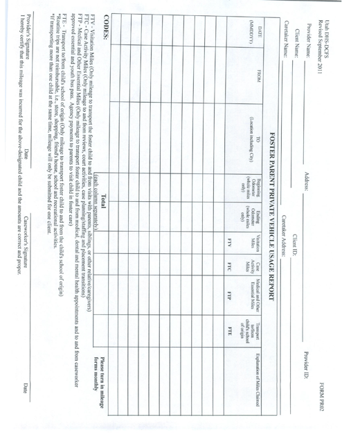 Form PR02 Foster Parent Private Vehicle Usage Report - Utah