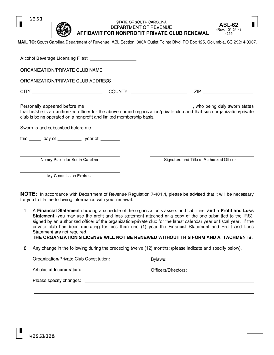 Form ABL-62 Affidavit for Nonprofit Private Club Renewal - South Carolina, Page 1