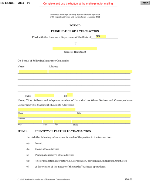 Form D (SD Form 2004) Prior Notice of a Transaction - South Dakota