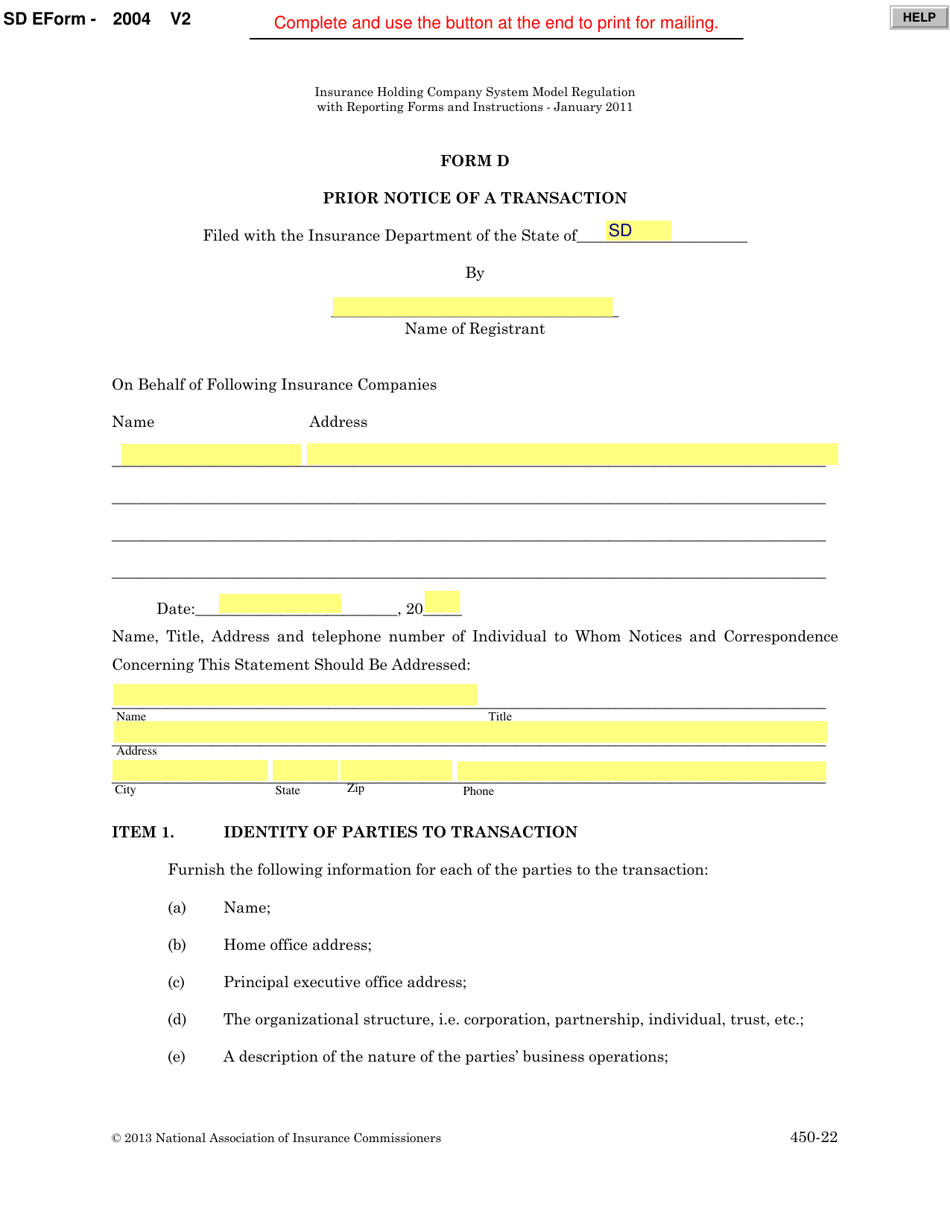 Form D (SD Form 2004) - Fill Out, Sign Online And Download Fillable PDF ...