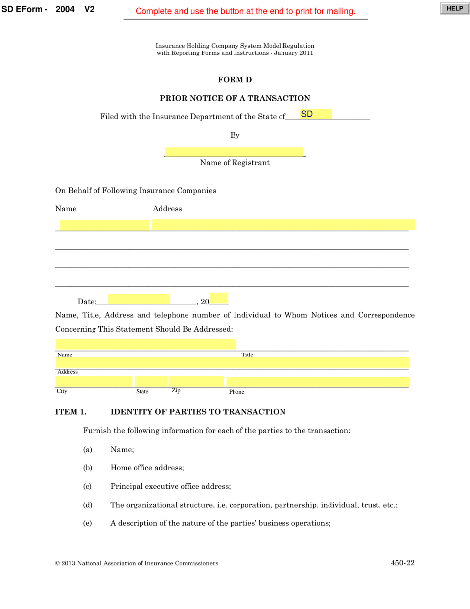 Form D (SD Form 2004) Prior Notice of a Transaction - South Dakota, Page 1
