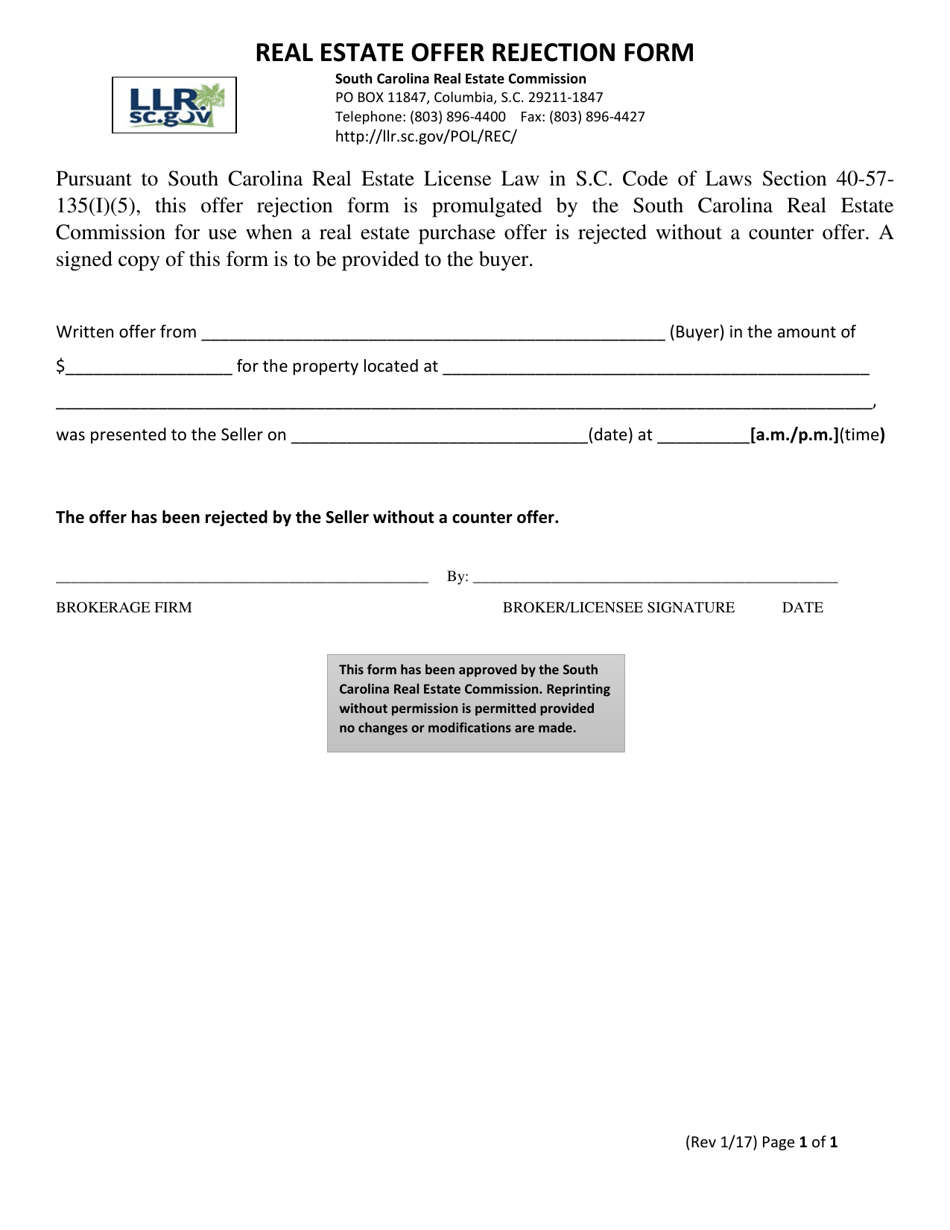 Real Estate Offer Rejection Form - South Carolina, Page 1