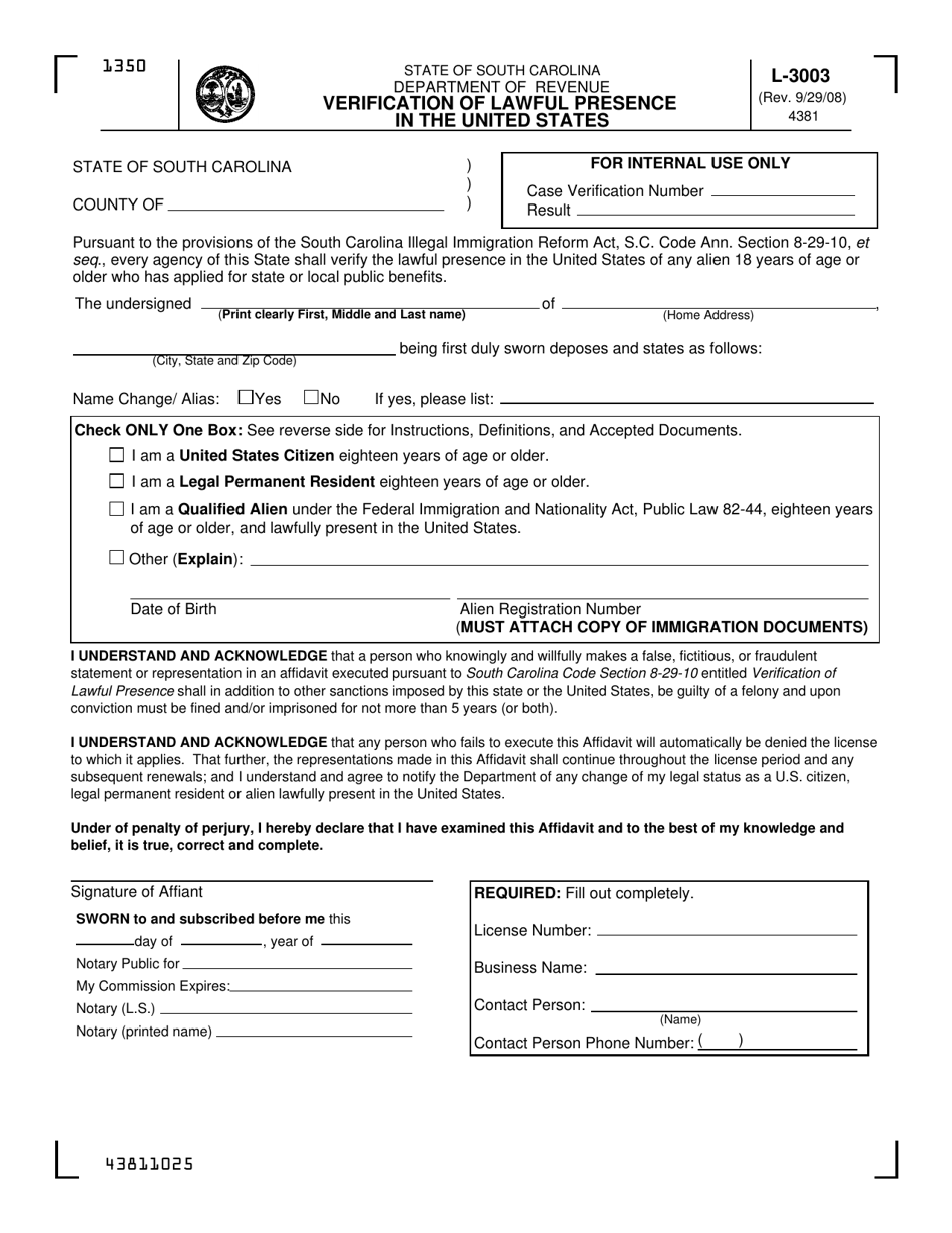 Form L-3003 Verification of Lawful Presence in the United States - South Carolina, Page 1