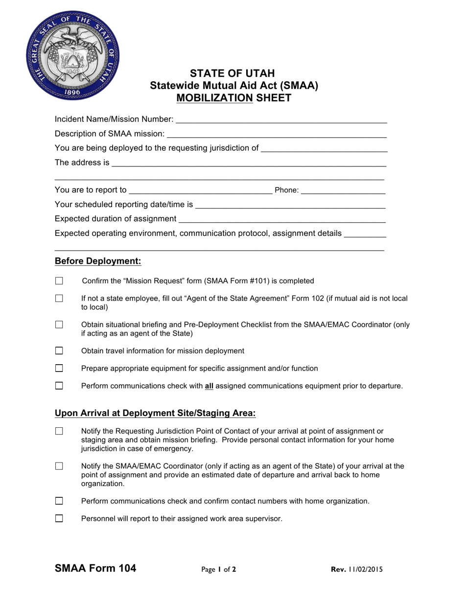 SMAA Form 104 Mobilization Sheet - Utah, Page 1
