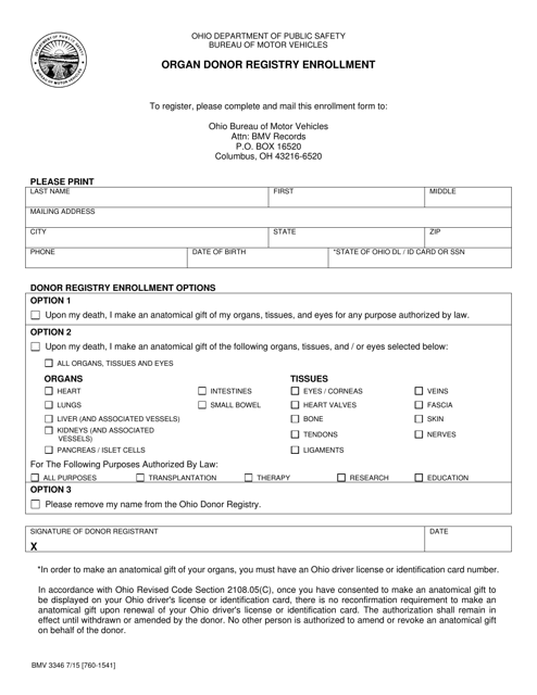 Form BMV3346 Donor Registry Enrollment Form - Ohio