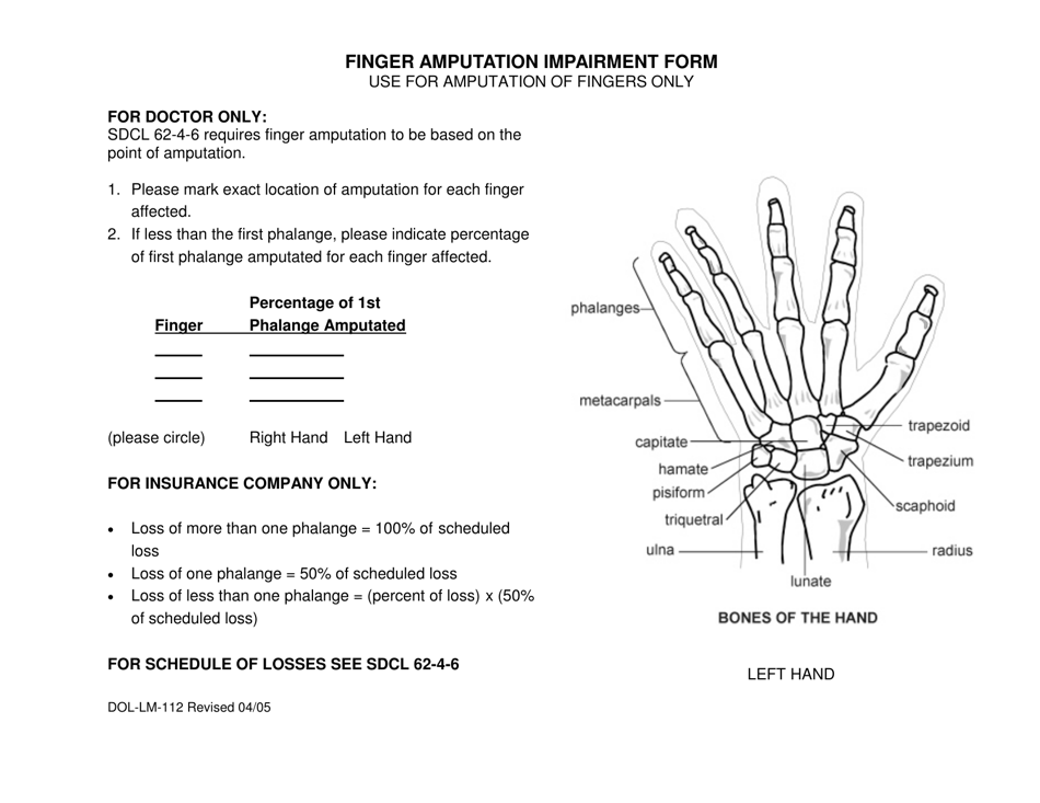 Form DOL-LM-112 Finger Amputation Impairment Form - South Dakota, Page 1