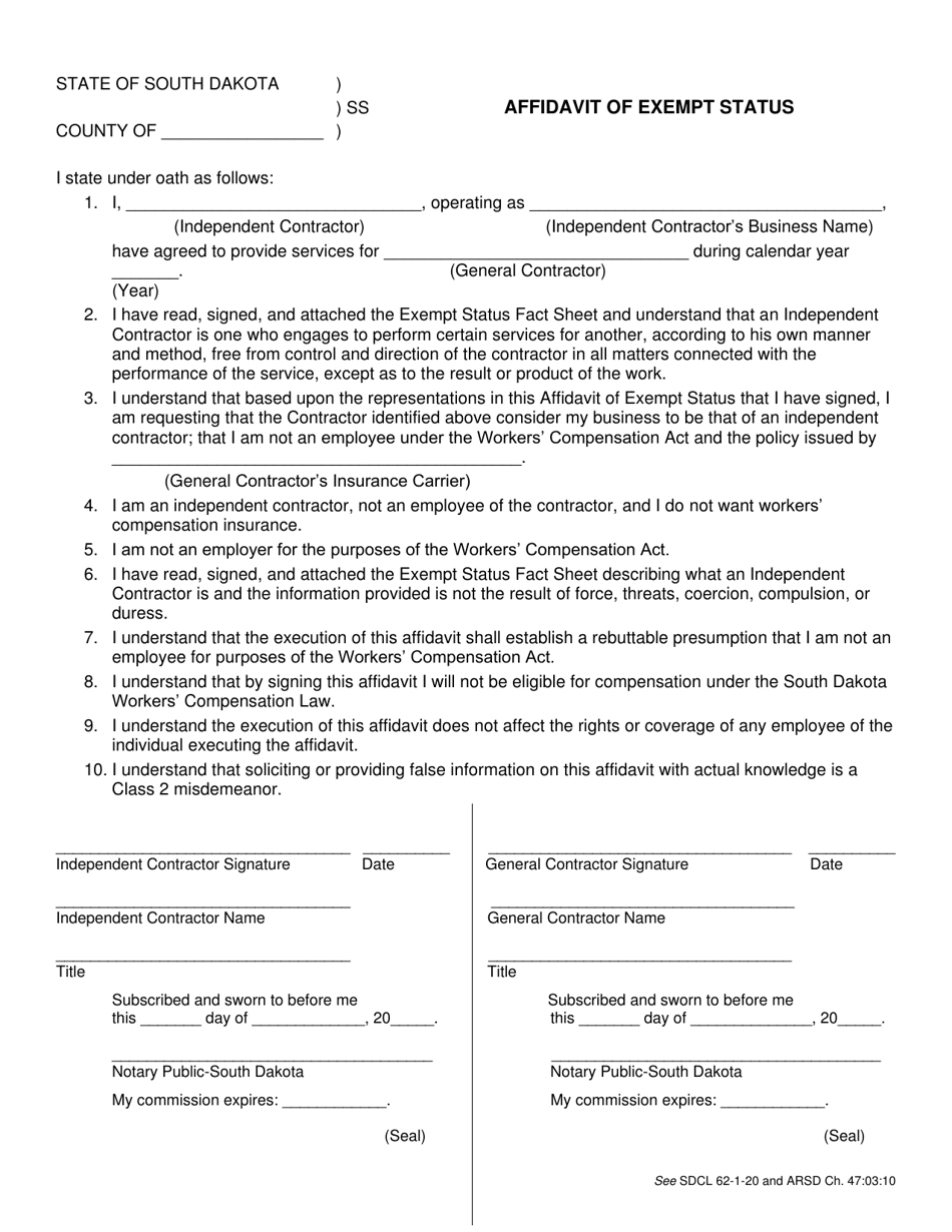 South Dakota Affidavit of Exempt Status - Fill Out, Sign Online and ...