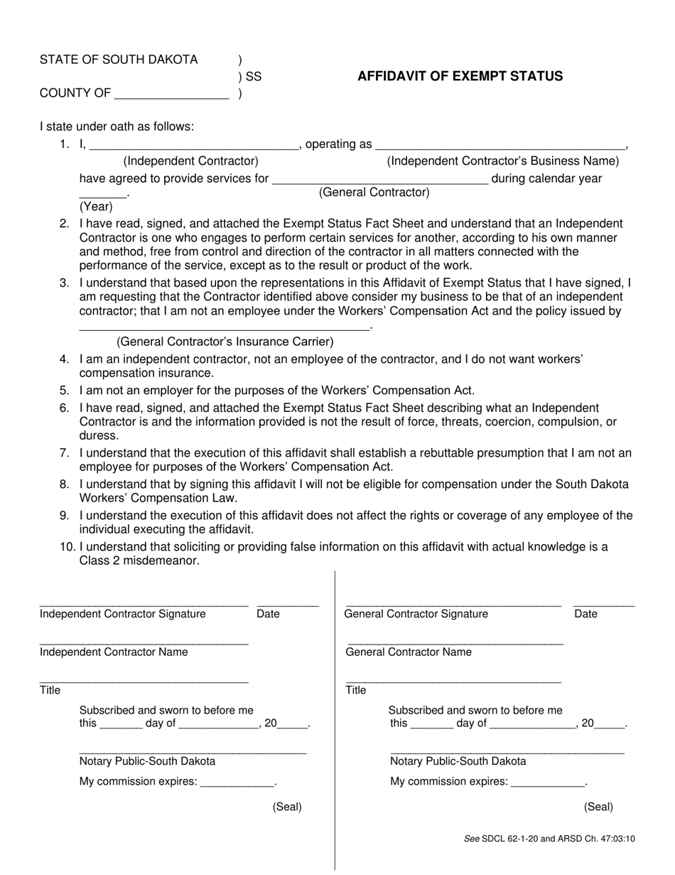 Affidavit of Exempt Status - South Dakota, Page 1