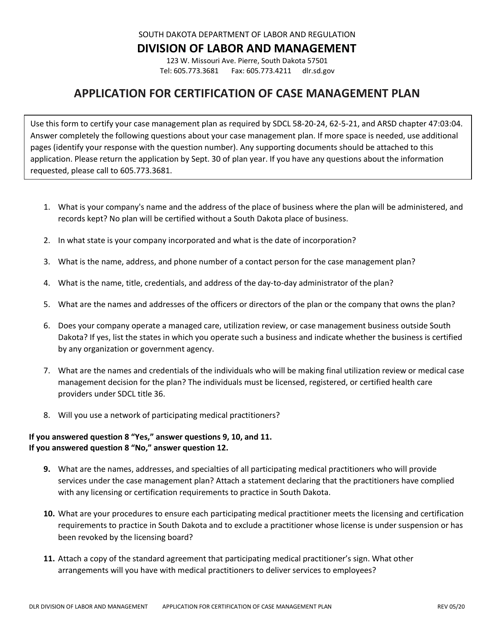 Application for Certification of Case Management Plan - South Dakota