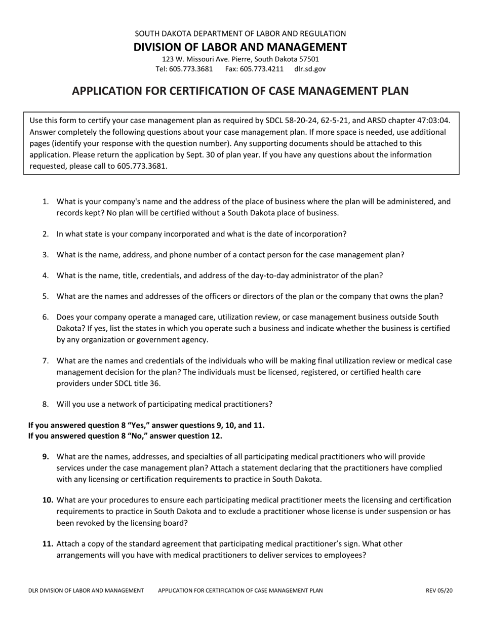 Application for Certification of Case Management Plan - South Dakota, Page 1