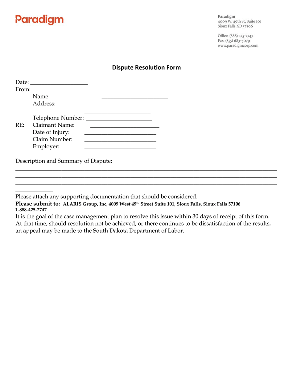 Dispute Resolution Form - Paradigm - South Dakota, Page 1