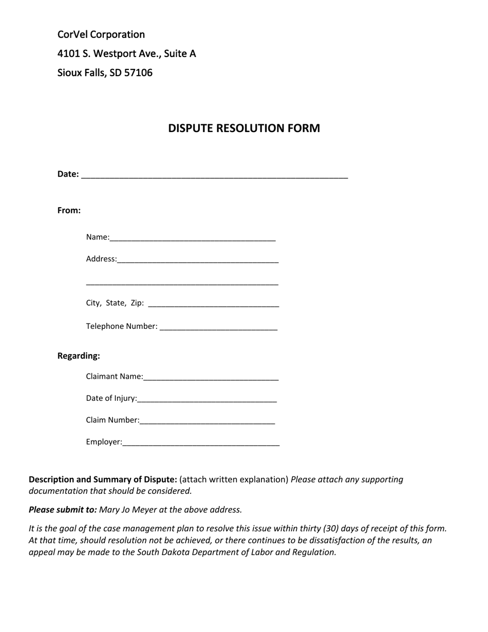 Dispute Resolution Form - Corvel - South Dakota, Page 1