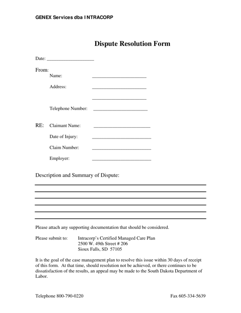 Dispute Resolution Form - Intracorp - South Dakota Download Pdf