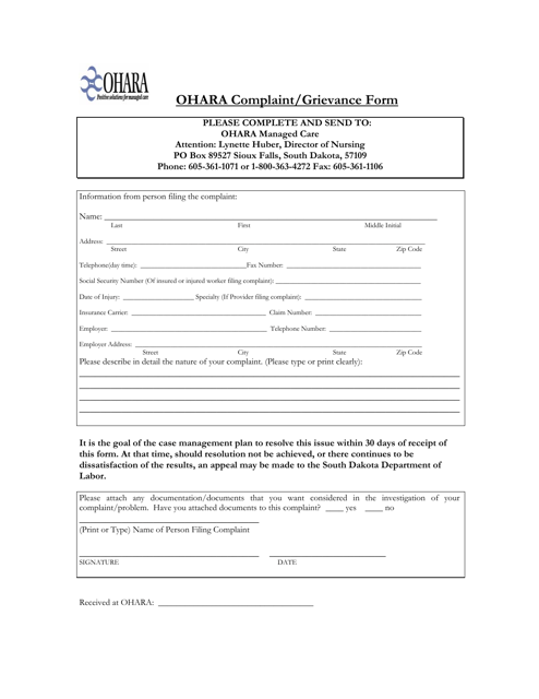 Ohara Complaint / Grievance Form - South Dakota Download Pdf