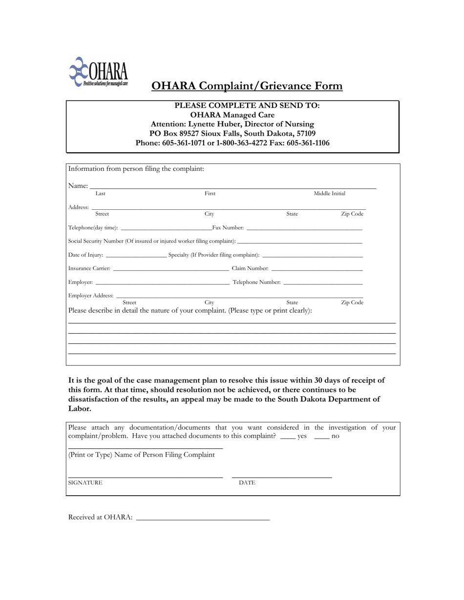 Ohara Complaint / Grievance Form - South Dakota, Page 1