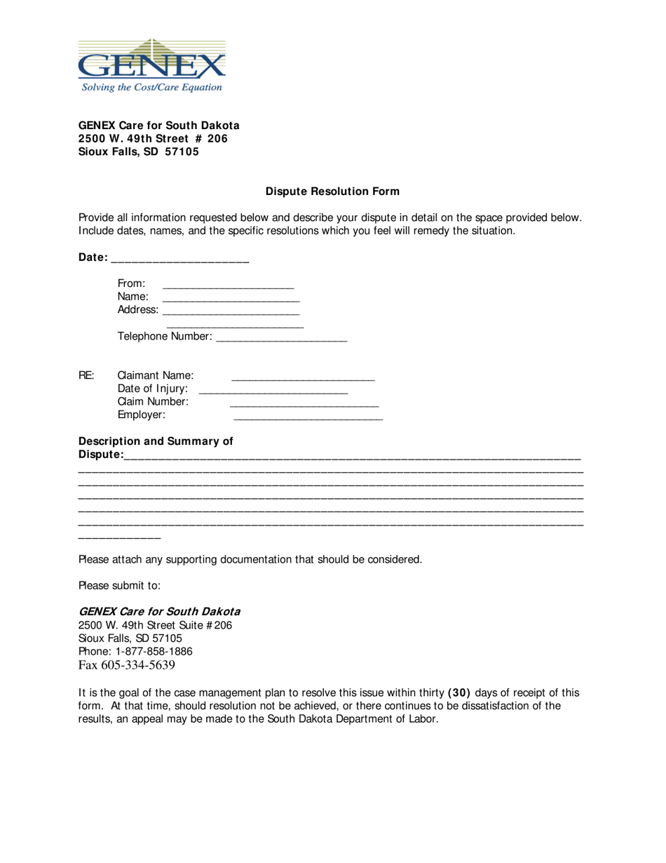 Dispute Resolution Form - Genex - South Dakota, Page 1