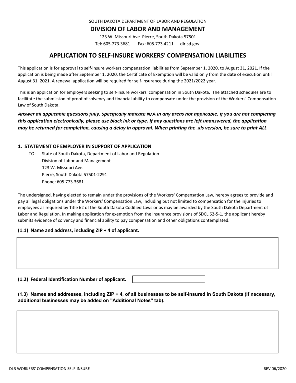 Application to Self-insure Workers Compensation Liabilities - South Dakota, Page 1
