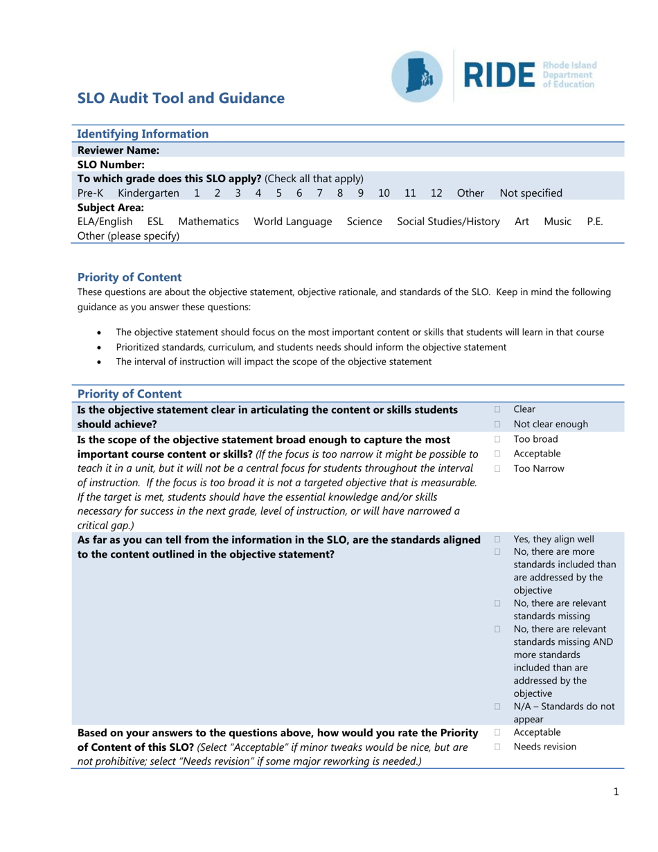 Slo Audit Tool and Guidance - Rhode Island, Page 1